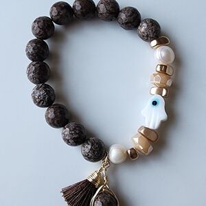 Brown and Gold Beaded Bracelet with Evil Eye Charm